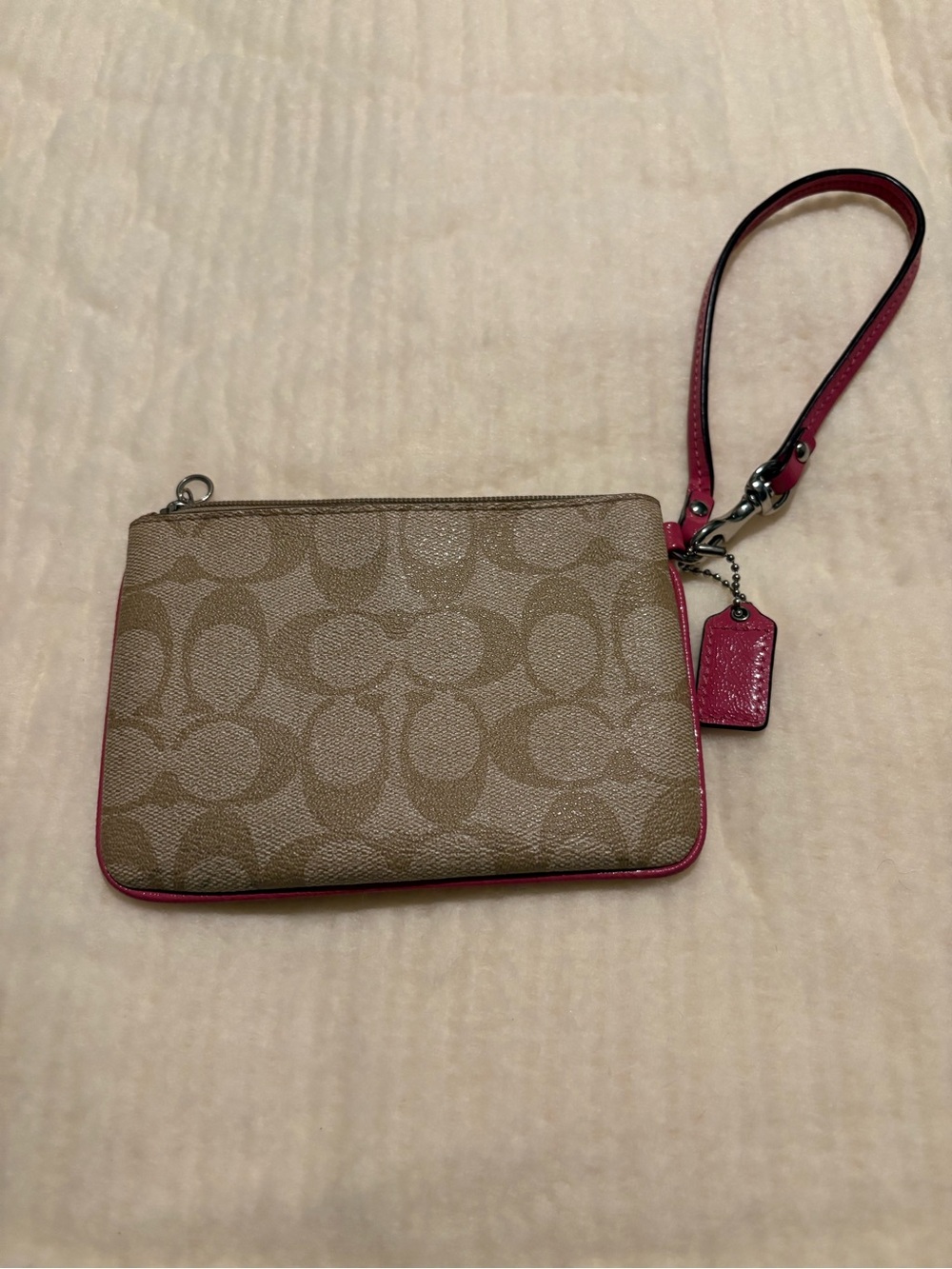 Vintage Signature Canvas Wristlet with Pink Trim